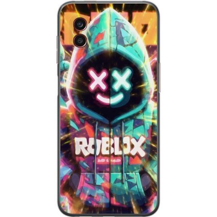 Yhteensopiva Puhelinkuori Samsung Samsung Galaxy Xcover6 Pro Neonvärisellä Roblox-hupparihahmolla on hehkuvia efektejä ja energialla täytetty taus