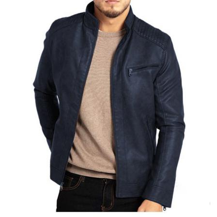 Läderjacka Med Ståkrage För Män Motorcykel Ytterkläder Blue Xl