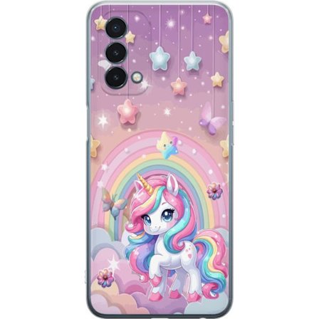 Kompatibelt Mobildeksel til OnePlus Nord N200 5G Magisk enhjørning med regnbue manke, stjerner og sommerfugler mot en pastellhimmel med skyer