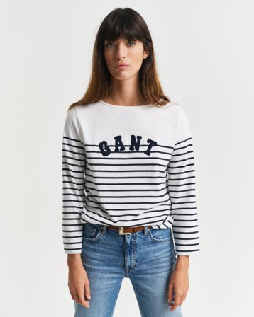 GANT Damen Breton Striped T-Shirt mit U-Boot-Ausschnitt (L) Blau