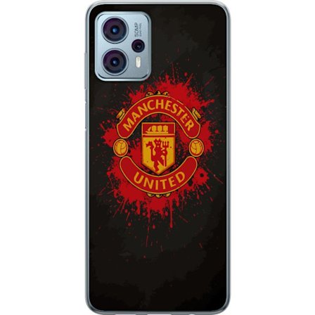 Kompatibelt Mobildeksel til Motorola Motorola Moto G23 Manchester United logo i rød og gul farge med røff sportslig bakgrunn