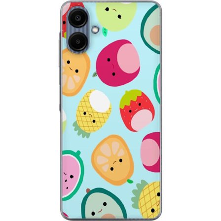 Kompatibel Mobilcover til Samsung Galaxy A06 Mønster af kawaii frugter som jordbær citron ananas og avocado på lyseblå baggrund