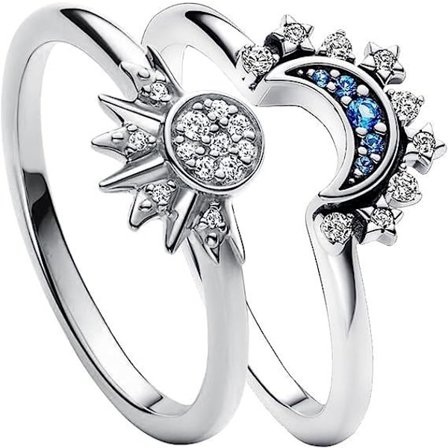 Sol och måne ring (silver), 2 st gnistrande sol måne ringar, guld/silver ring, måne och sol formad ring