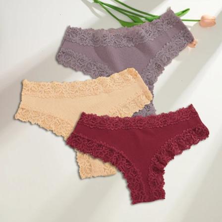 3PCS/Set Bomulls brasiliansk underkläder för kvinnor sexig spets ribbad blommig trosa kvinnlig andningsbar solid T-back bikini S-XL SET 15 S