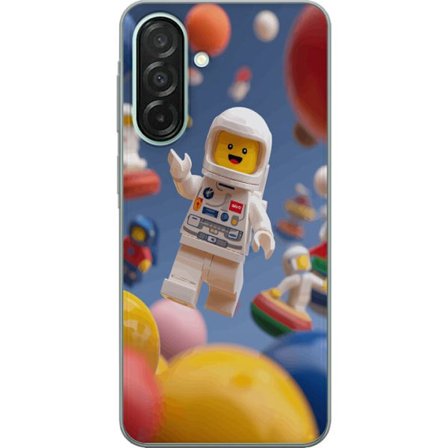 Kompatibelt Mobilskal till Samsung Galaxy A26 LEGO-inspirerad astronautfigur i rymden bland färgglada planeter, lekfull 3D-illustration för barnrum,
