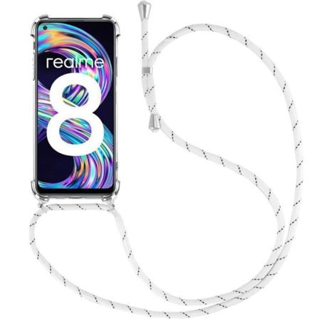 Fodral för realme 8 Transparent förstärkt hörn Stötsäkert skydd + Axelrem Vit Transparent-Vit