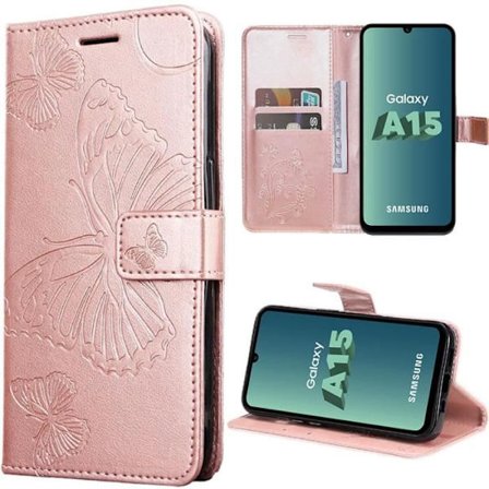 Coque Flip - Booling - för Samsung Galaxy A15 - Stötsäker - Syntetläder - Rosa Fjärilsmönster