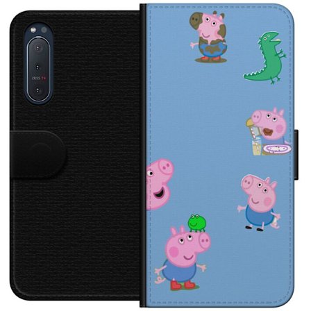 Kompatibelt Lommeboketui til Sony Xperia 5 II Peppa Pig ansiktsmønster på lys blå bakgrunn, gjentatt leken barndommotiv med Greta Gris
