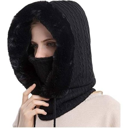 Svart 2-i-1 lue dame vinter varm lue skjerf caps vinter balaclava fuskepels strikket tykk og myk vindtett lue balaclava