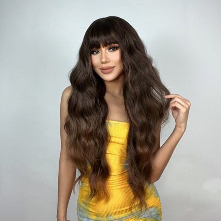 TG Brun gradient paryk lang krøllet med fransk syntetisk COSPLAY-paryk