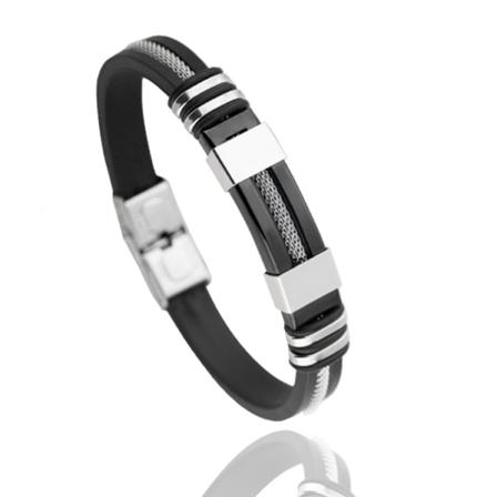 Justerbart armbånd for menn i silikon med rustfritt stål mansjettarmbånd (sølv)