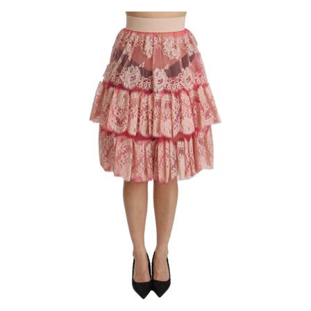 Dolce & Gabbana, Lace Layered High Waist Knee Length Skirt Różowy, Kobieta, Rozmiar: S
