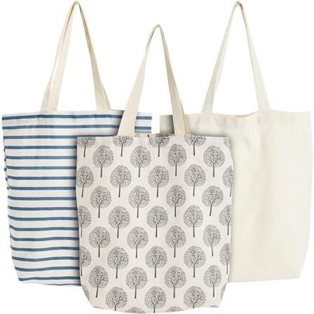Bomullskassar (Set om 3) - Starka Tote Bags med handtag - 3 olika mönster - Tygkassar för shopping, transport