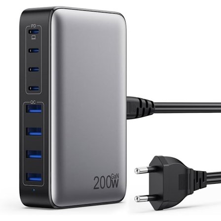 200W USB C Laddare, Snabbladdare med GaN III-teknik, 8 Portar PD QC PPS Multipel Uttag, 65W Laptop Laddare Adapter Kompatibel