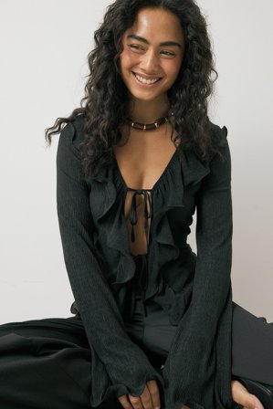 NA-KD Tie Structured Top - Top med bindebånd - Sort - M (EU 38-40)