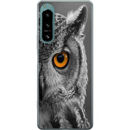 Kompatibelt Mobildeksel til Sony Xperia 5 IV Svart og hvit nærbilde av en ugle med kraftig oransje øye og detaljert fjærstruktur.