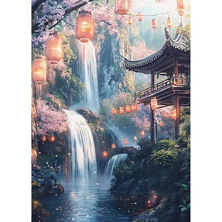 Diamond Art Malersæt til Voksne, Landskabs Diamond Art Sæt, DIY Diamond Art Malersæt Vandfald og Lygte, Diamond Painting Sæt til Begyndere