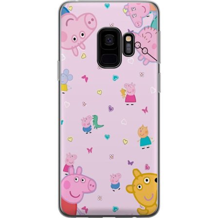 Kompatibelt Mobildeksel til Samsung Galaxy S9 Peppa Gris med en baby i armene, mamma gris motiv i fargerik og myk barneillustrasjon med hjerter