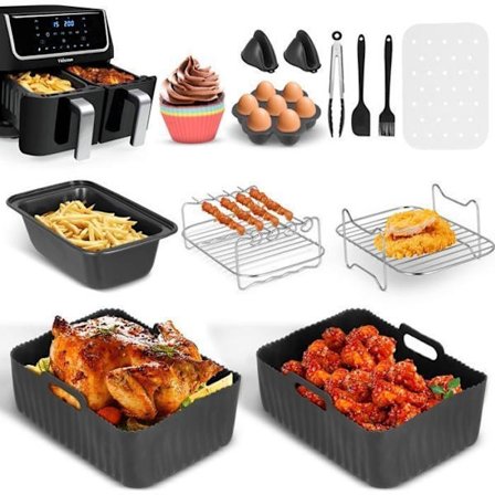 (Svart) TTLIFE 12-delt tilbehørssett for airfryer, tilbehør for dobbel airfryer for Ninja Air Fryer, multifunksjonell holder