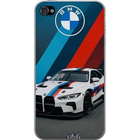 Apple iPhone 4 Gennemsigtig cover BMW M Sport design med hvid racerbil og klassiske M-striber eksklusivt biltema perfekt til motorsportsfans og BMW-en