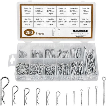 Splint Sortiment 250 stk, Splint, Forskellige Galvaniserede R Splint Monteringsfjedre til Biler, Mekanikere, Garager, Kraftudstyr, osv. 2025.