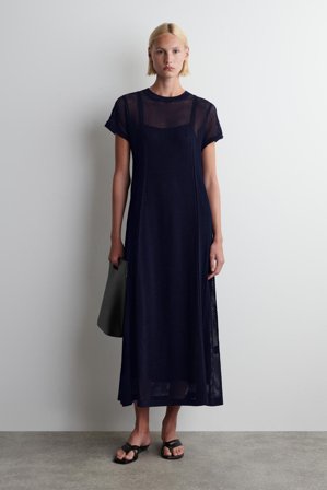 COS Femme Robe Longue En Maille De Coton Pointelle Dress in Bleu