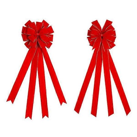 2-pakning røde julesløyfer. Utendørs dekorasjoner. 30,5 cm x 110 cm stor sløyfe i fløyel med glittertråd og gyllen kant til jul.