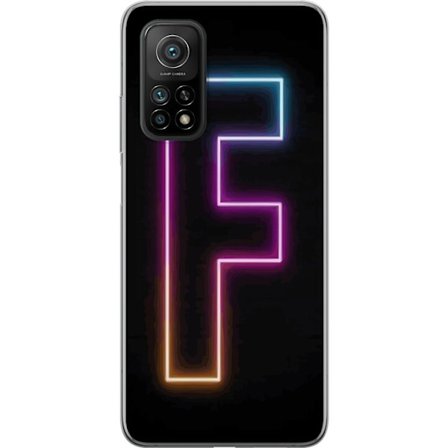 Yhteensopiva Puhelinkuori Xiaomi Xiaomi Mi 10T 5G Neonkirjain F vaaleanpunaisella, sinisellä ja keltaisella valokehyksillä tummaa taustaa vasten, gr