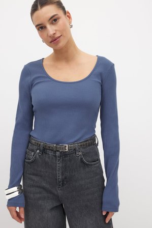 NA-KD Scoop Neck Ribbed Top - Basic toppe - Blå - XS (EU 32)