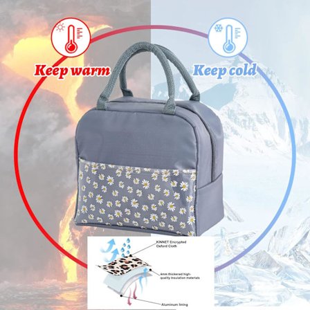 Isolerad Lunchväska för Kvinnor, Bärbar Vattentät Kylväska med Tusensköna Mönster Transparent Ficka, Lunchväska