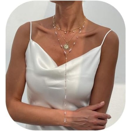 Guld Tynde Perler Kropskæde Halskæde, Lang Perle Kravebenskæde Halskæde, Brude Bryllup Perle Bryst Kropskæde, y Multi-lags Solsikke Vedhæng 