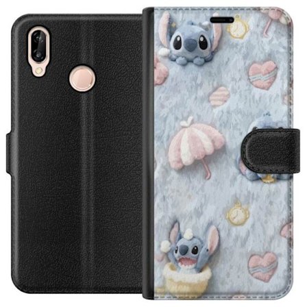 Kompatibel Tegnebogsetui til Huawei P20 lite Stitch mønster med hjerter, paraplyer og pastelfarvet blød baggrund