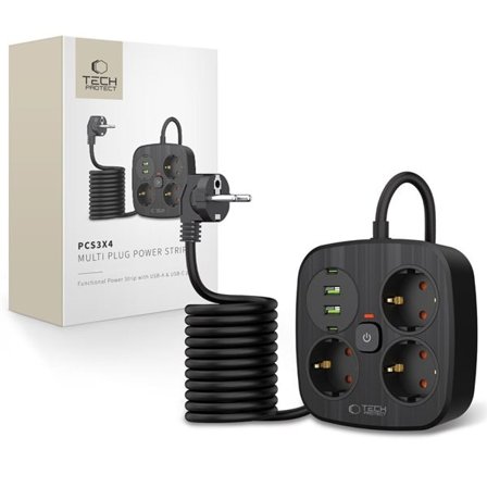 Tech-Protect PCS3X4 strømskinne, 3 udtag, 2xUSB-A, 2xUSB-C 200 cm - sort