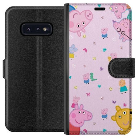 Kompatibelt Lommeboketui til Samsung Galaxy S10e Peppa Gris med en baby i armene, mamma gris motiv i fargerik og myk barneillustrasjon med hjerter
