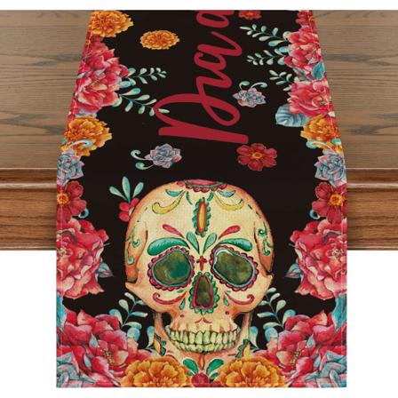 13x72 Tommer Skalle Marigolds Dødsdag Bordløper, Halloween Høst Kjøkken Spisestue Borddekorasjon for Utendørs Hjem