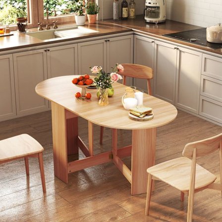 COSTWAY Udtrækkelig Spisebord til 4-7 - Konvertibel med 2 Halvovale Udvidelser og Krydsbase 163 x 80 x 75CM Naturlig