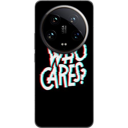 Kompatibelt Mobildeksel til Xiaomi 14 Ultra Glitch typografi med teksten "who cares" i rødt og cyan på en svart minimalistisk bakgrunn.