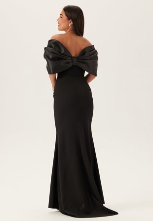 Goddiva-Bardot Satin Bow Back Maxi Dress-XS (UK8)
