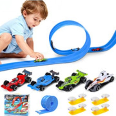 4m Fleksibel Bilbane til Børn – Dobbeltsidet Racerbane med 4 Biler & Sugekopper, Rulbar, Legetøjsbilbane 3+
