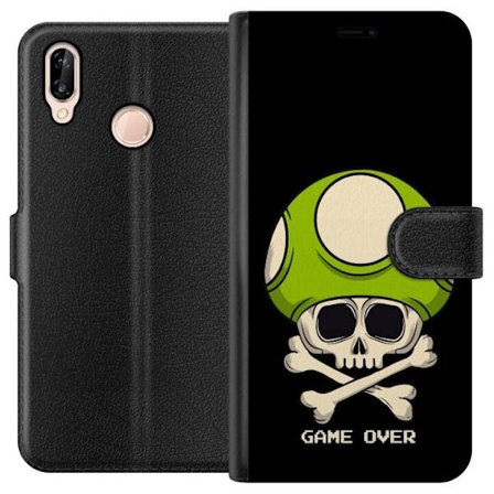 Yhteensopiva Lompakkokotelo Huawei Huawei P20 lite Pelimotiivi, jossa on kuolonsyöjä ja vihreä sieni retro pelityylillä ja tekstillä game over