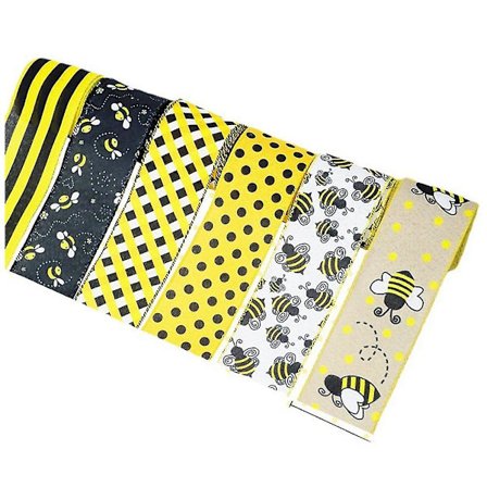 6 stk. 63 mm (2,5 tommer) 5,5 meter bånd med ståltrådskant, gul gingham-bånd for håndverk og DIY, sommerfuglsløyfe