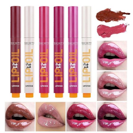 6 Färger Fet Läppolja Läppstift Set, Återfuktande Läppbalsam, Högpigmenterad Glöd Läppolja, Långvarig, Vegansk, Lätt och Glansig Läppförstorare med 