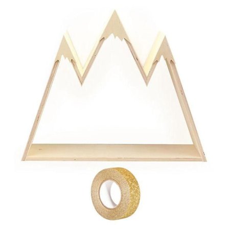 Väggmonterad trähylla Berget 50 x 40 x 10 cm + 5 m glittrande guldmaskeringstejp