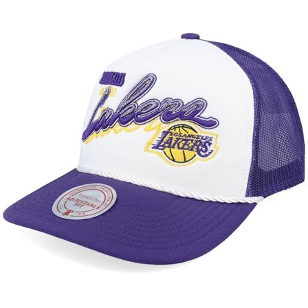 Mitchell & Ness - NBA Lilla trucker Kasket - Los Angeles Lakers Shadow Drop White/Purple A-Frame Trucker @ Hatstore