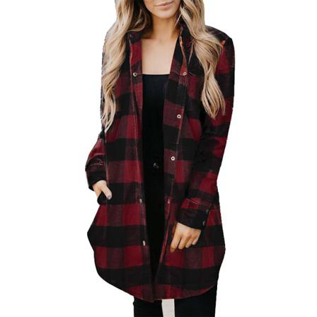Dam Långärmad Casual Longline Coat Oversized Höstpläd C