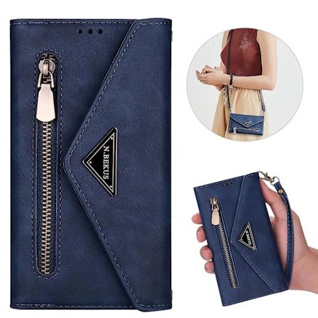 Lær Crossbody Skulderrem Glidelås Lommebok Kompatibel Samsung Galaxy S23 Ultra/s23 Plus/s23 med Kortholder Blå