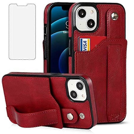 Kompatibel med iPhone 13 6.1 tommer deksel og skjermbeskytter i herdet glass Kredittkort Holder Lommebok Deksel Stativ Lær Mobiltelefon Deksel for 