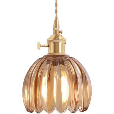 Mini pendellampe med ravfarvet tulipanformet glasskærm, messing vintage pendellampe, justerbar hængelampe til køkkenø, spisestue, entre