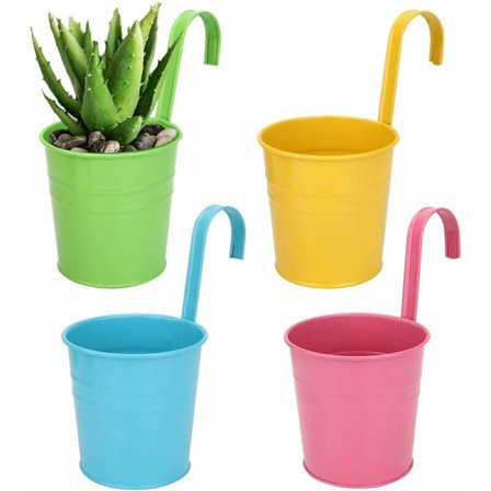 Metall Hengende Blomsterpotte, Utendørs Blomsterpotte med Dreneringshull Perfekt for Hage, Balkong, Gjerde, Terrasse, Dekorasjon 4 Stykker