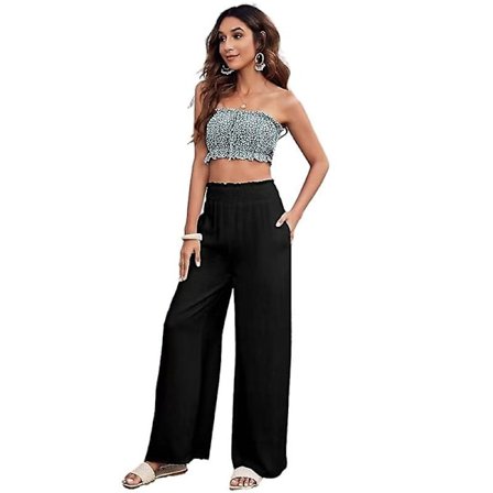 Dame Bomuld Hør Bukser, Bred Ben Elastisk Talje Strandbukser